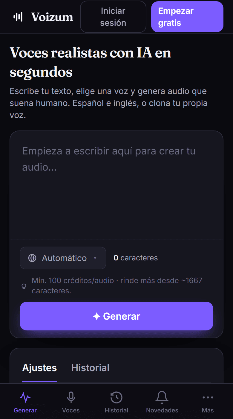 El generador de Voizum: cuadro de texto, selector de voz y ajustes de velocidad y volumen