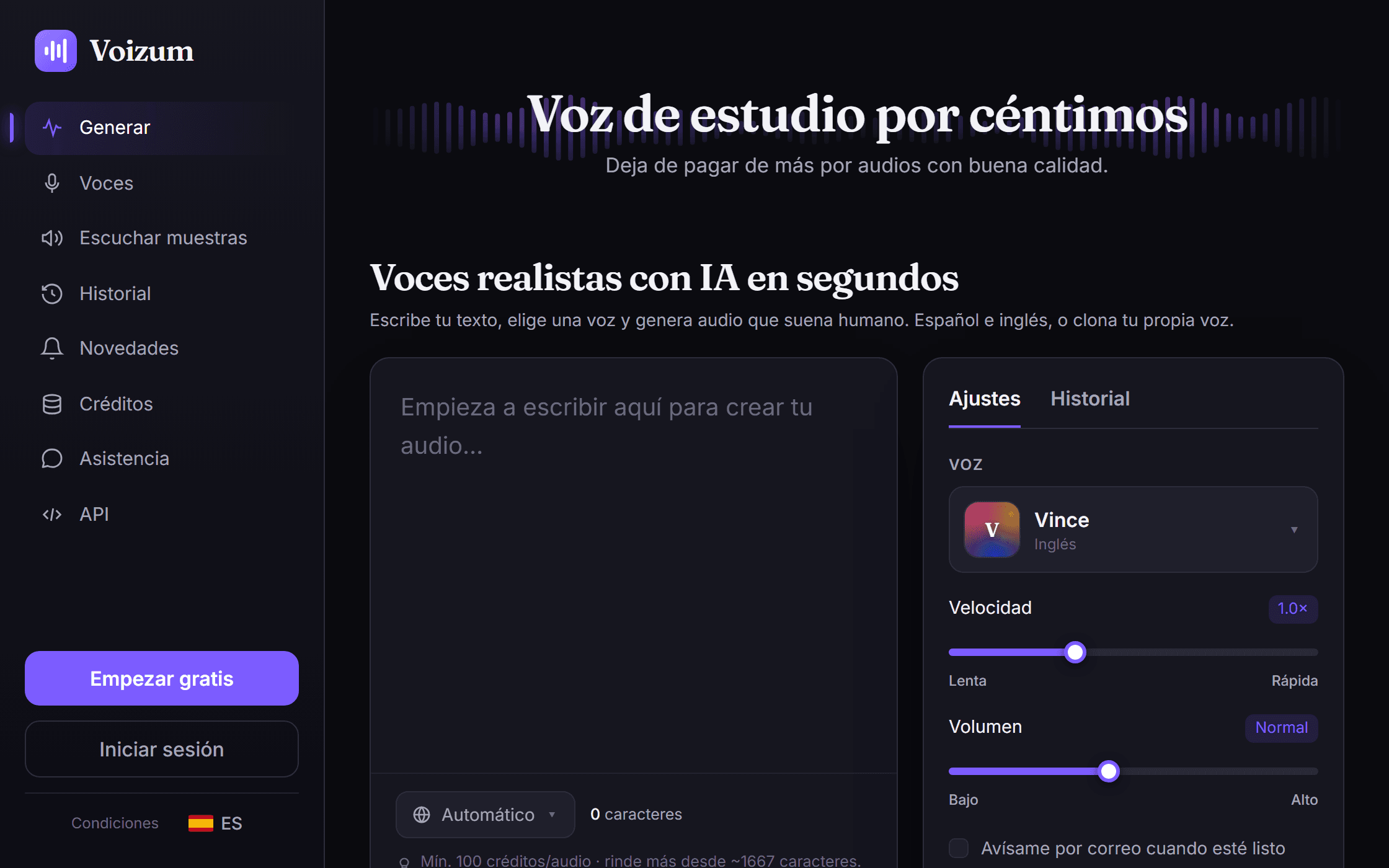El generador de Voizum: cuadro de texto, selector de voz y ajustes de velocidad y volumen
