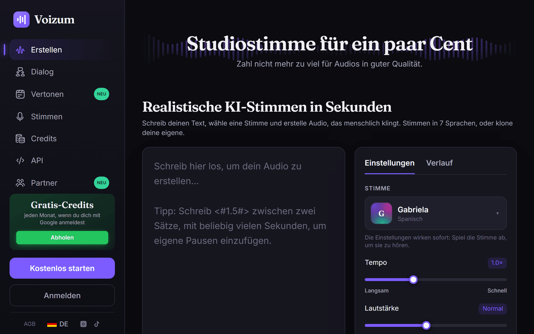 Der Voizum-Generator: Textfeld, Stimmauswahl und Einstellungen für Tempo und Lautstärke