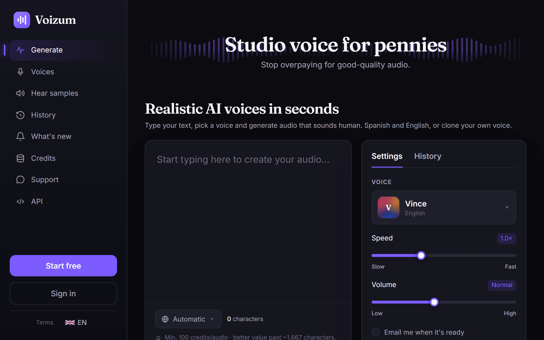 The Voizum generator: text box, voice selector and speed and volume controls