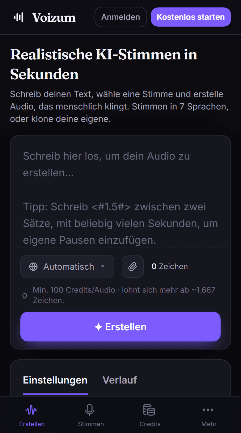 Der Voizum-Generator: Textfeld, Stimmauswahl und Einstellungen für Tempo und Lautstärke