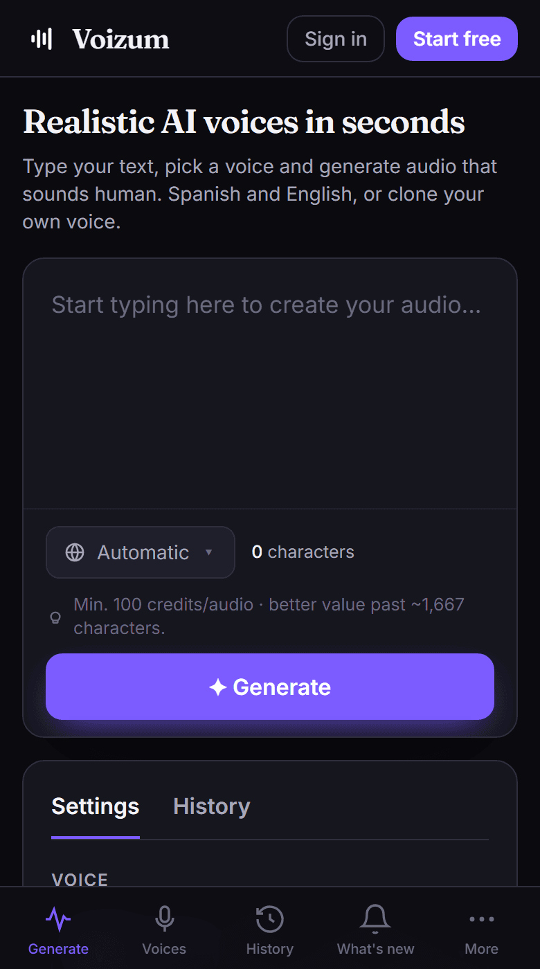 The Voizum generator: text box, voice selector and speed and volume controls