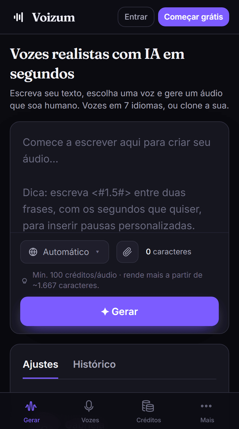 O gerador da Voizum: caixa de texto, seletor de voz e ajustes de velocidade e volume