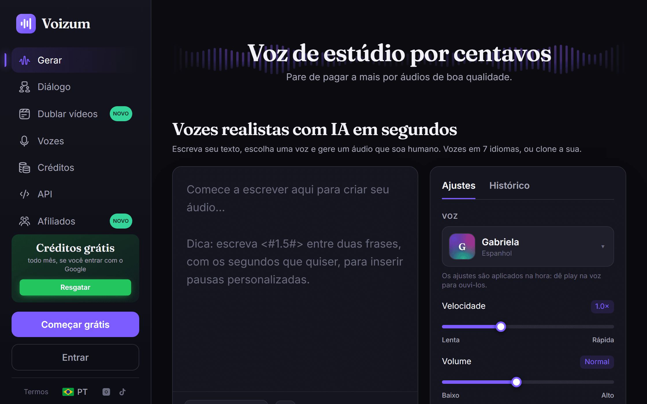 O gerador da Voizum: caixa de texto, seletor de voz e ajustes de velocidade e volume
